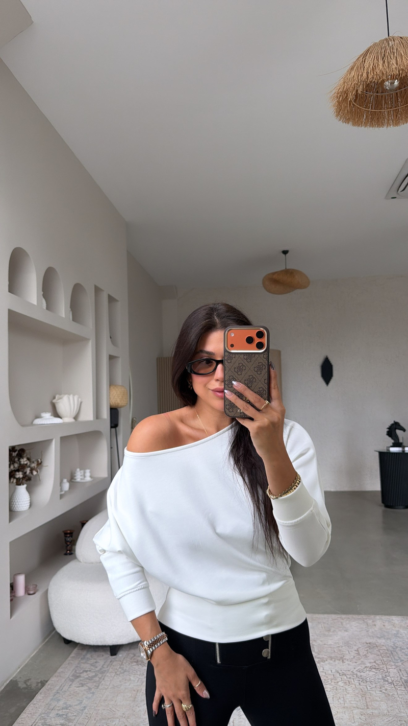 Ekru Omzu Açık Modal Sweatshirt