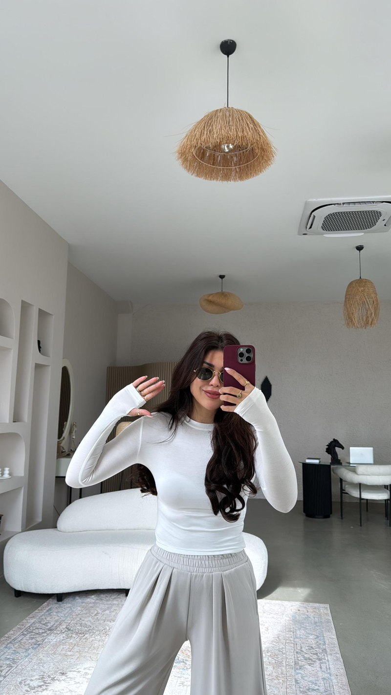 Ekru Oys Parmak Geçme Uzun Kollu Body