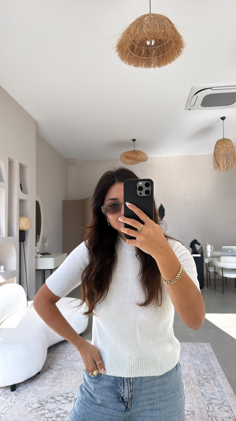 Ekru Payet Yansımalı Yumuşak Kısa Kol Triko Bluz
