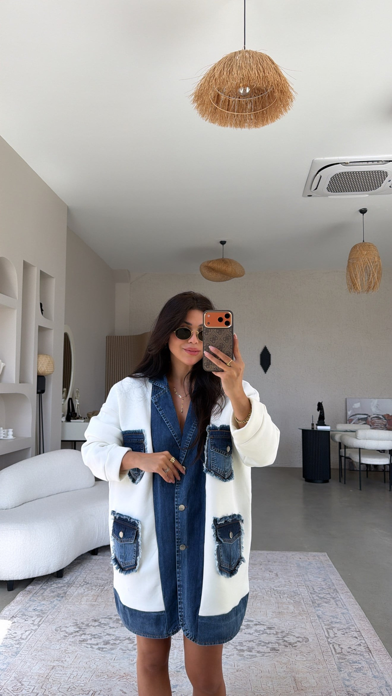 Ekru Şardonlu Denim Detaylı Salaş Premium Ceket
