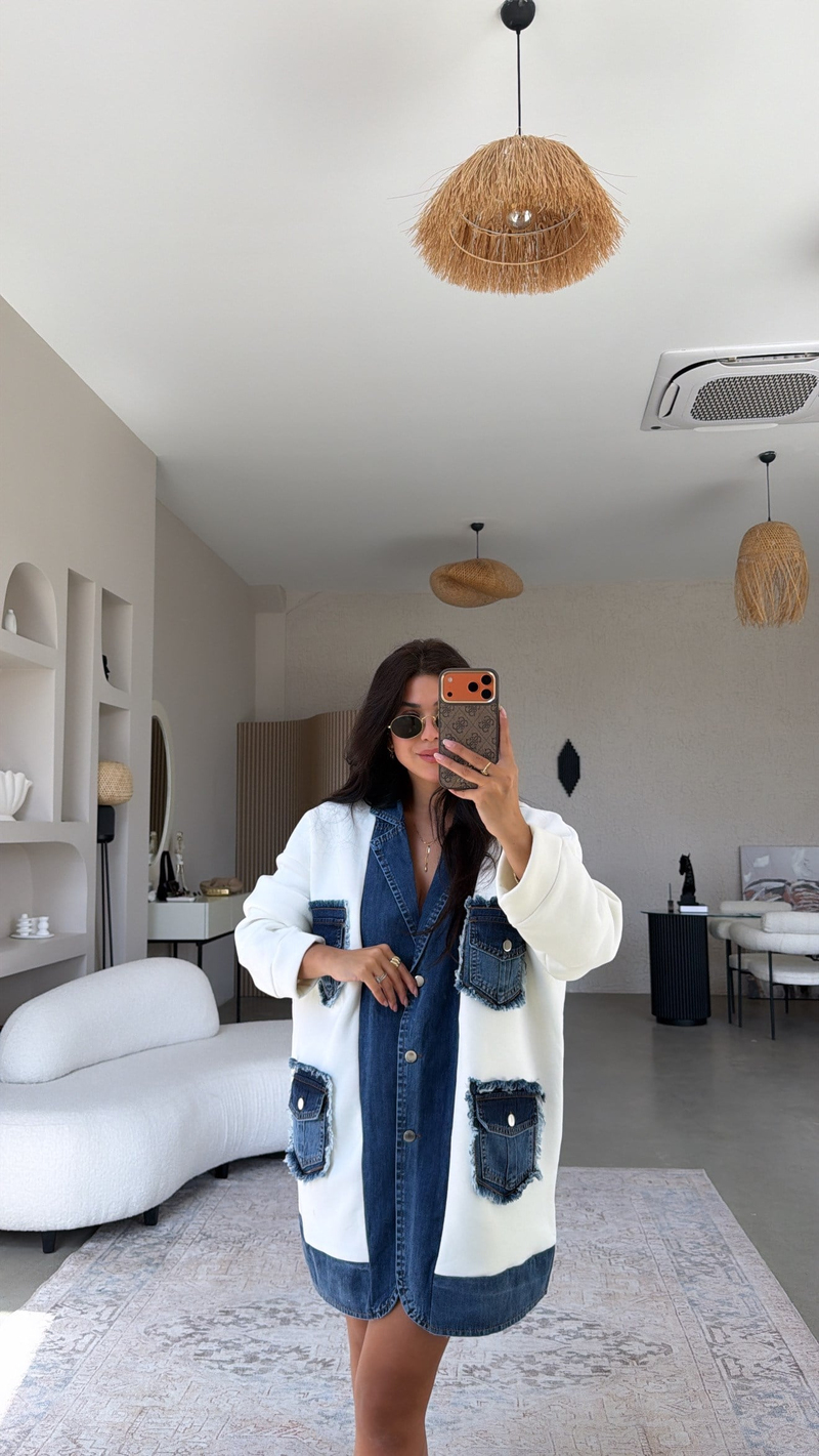 Ekru Şardonlu Denim Detaylı Salaş Premium Ceket
