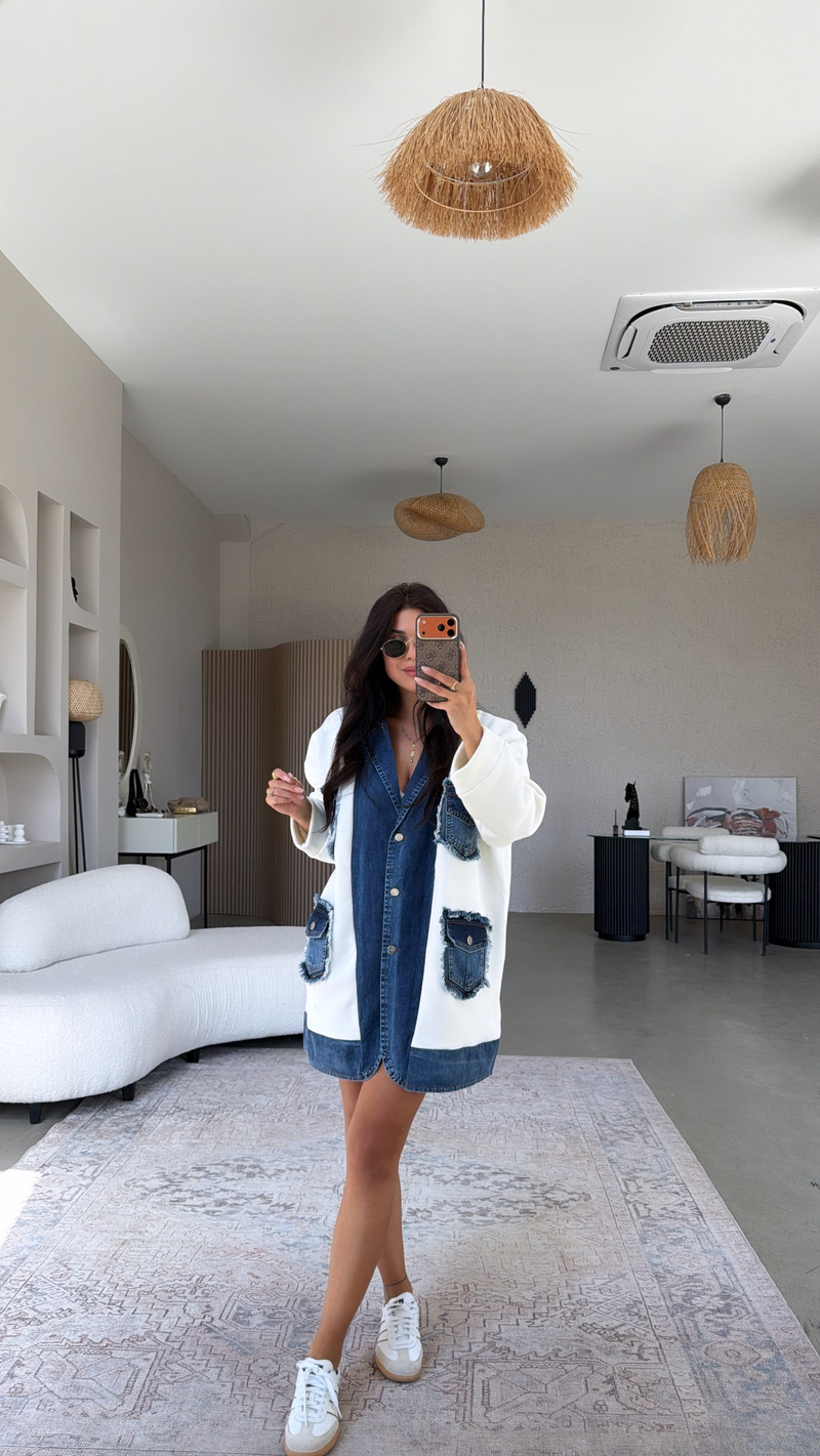 Ekru Şardonlu Denim Detaylı Salaş Premium Ceket