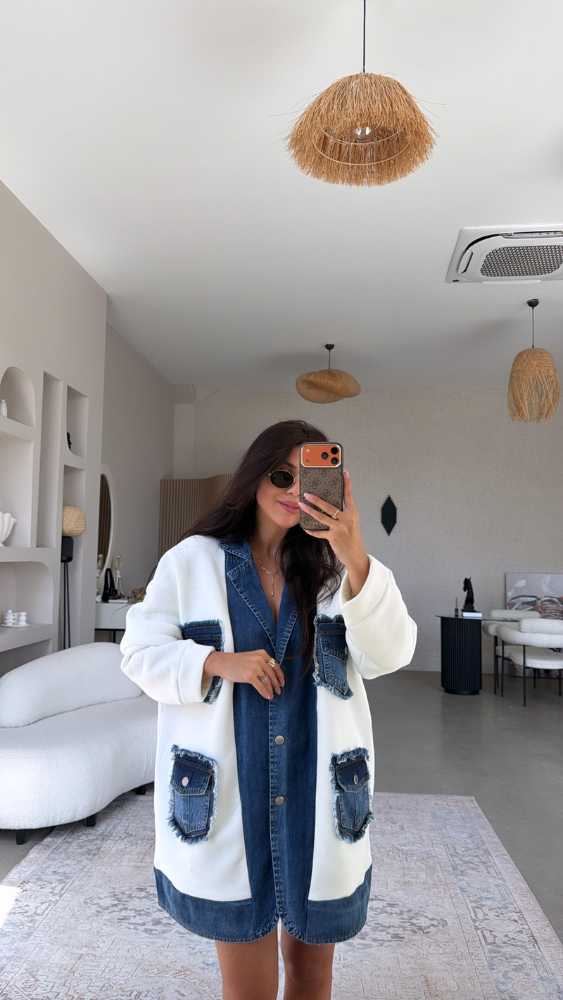 Ekru Şardonlu Denim Detaylı Salaş Premium Ceket