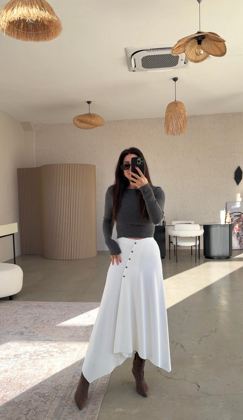 Ekru Selanik ZR Model Düğmeli Etek