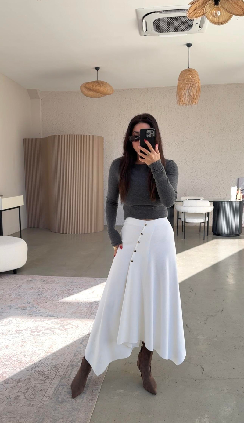 Ekru Selanik ZR Model Düğmeli Etek
