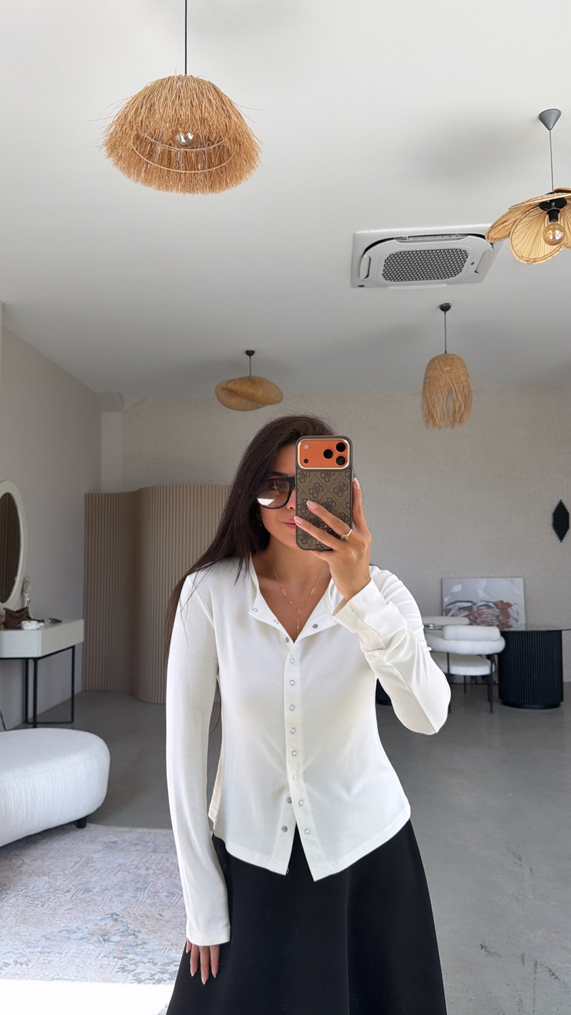 Ekru Tam Boy Çıtçıt Modal Bluz