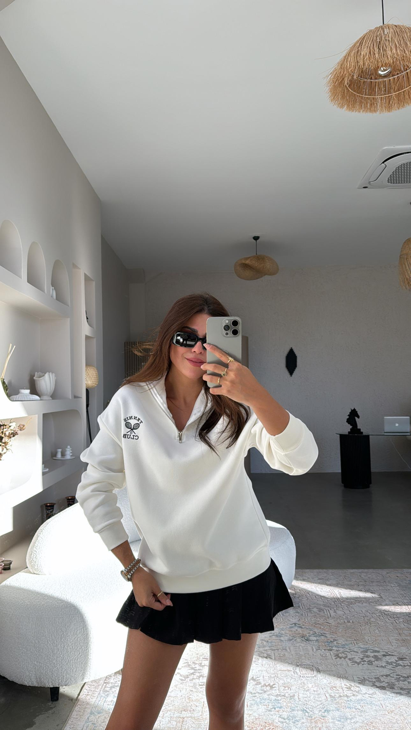 Ekru Yakası Fermuarlı Tenis Sweatshirt