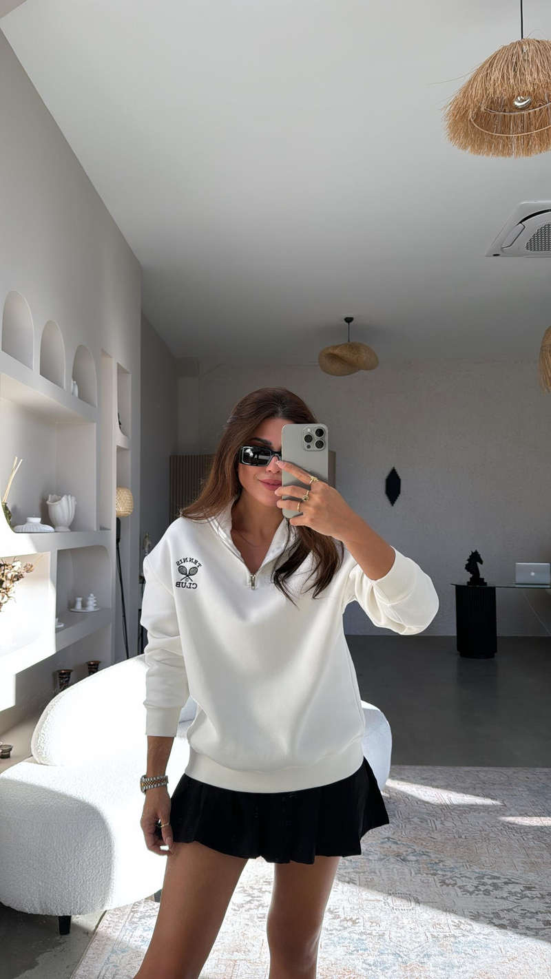 Ekru Yakası Fermuarlı Tenis Sweatshirt