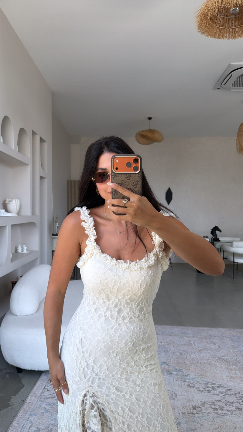 Ekru Yırtmaçlı Full Dantel Gipsy Elbise
