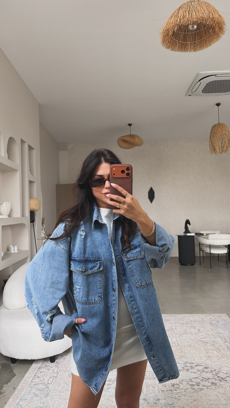 Eskitme Detaylı Denim Cool Gömlek Ceket
