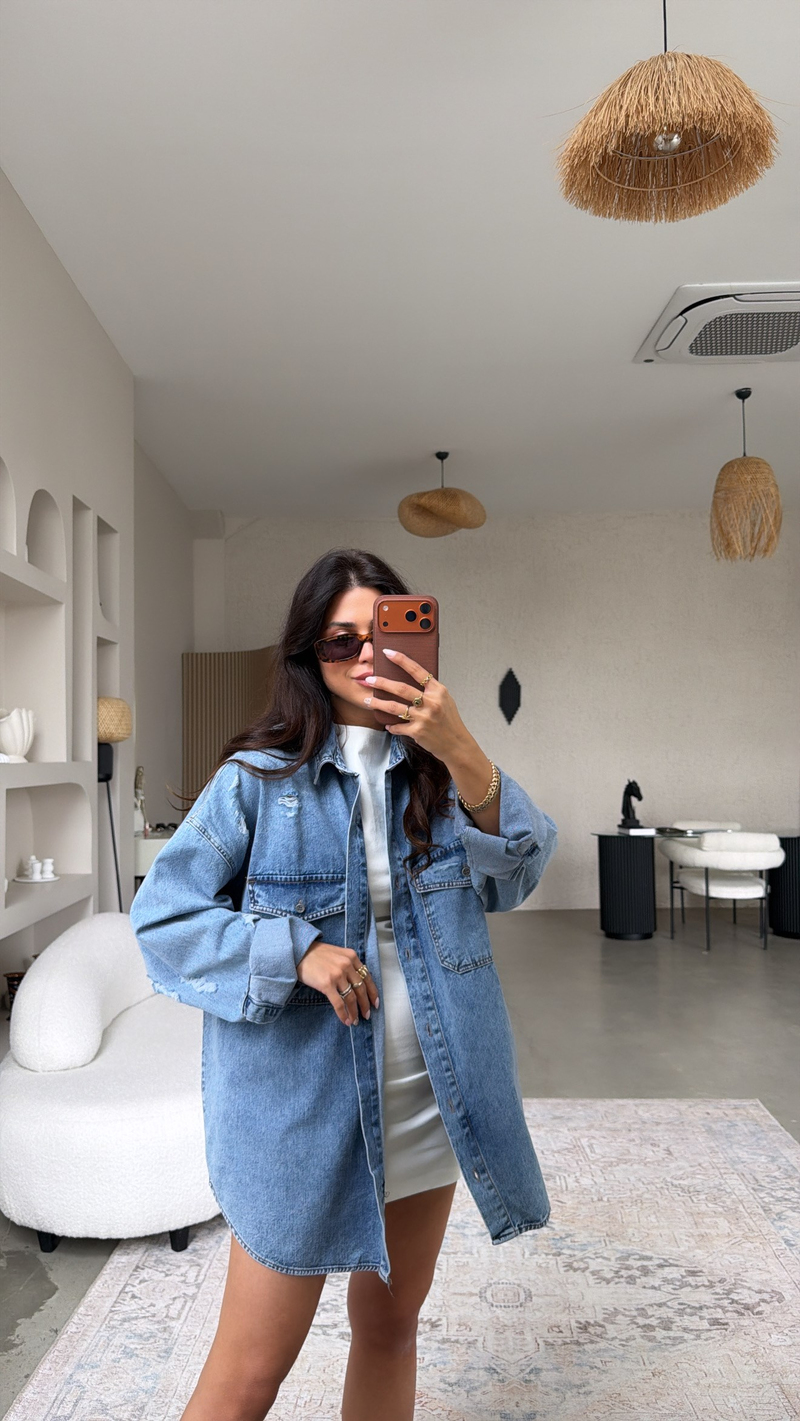 Eskitme Detaylı Denim Cool Gömlek Ceket