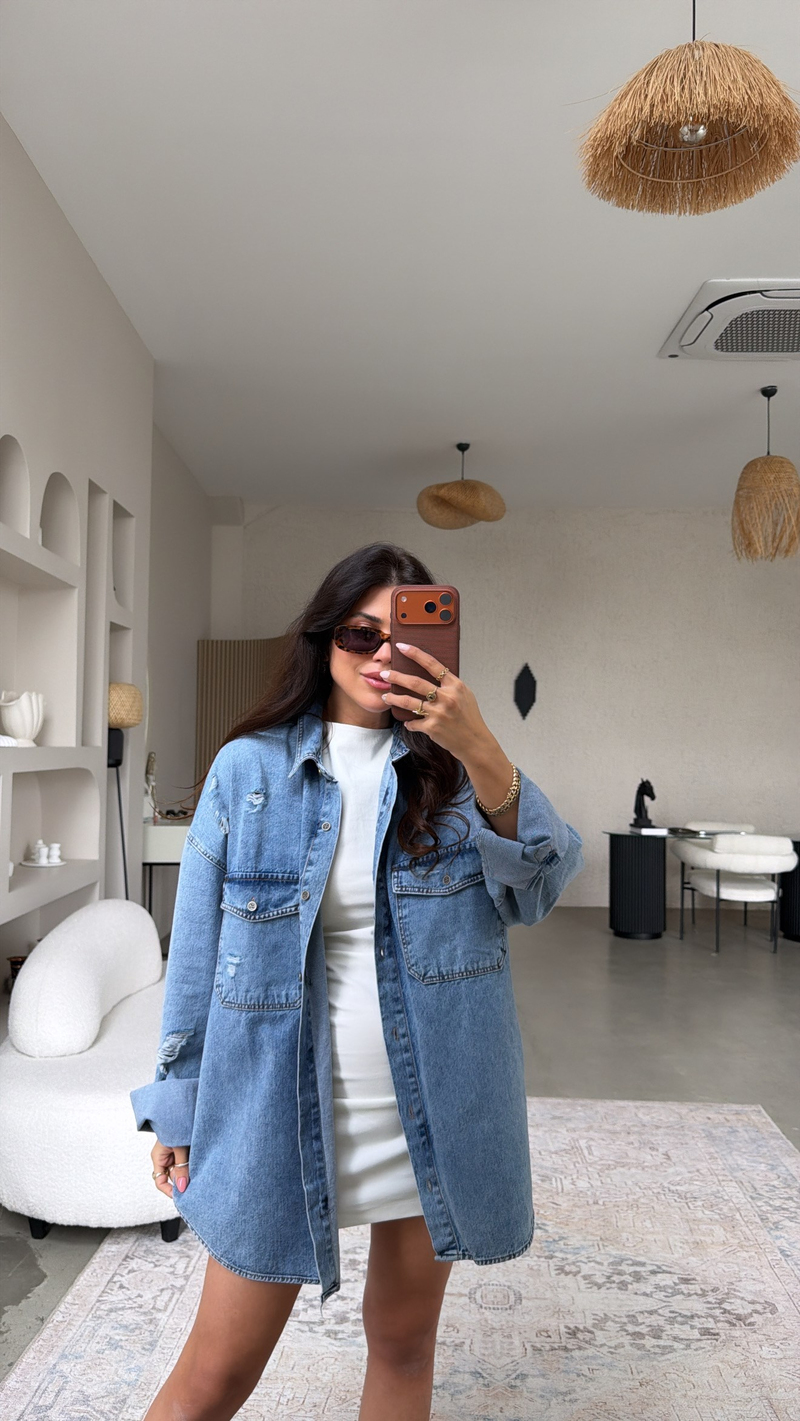 Eskitme Detaylı Denim Cool Gömlek Ceket