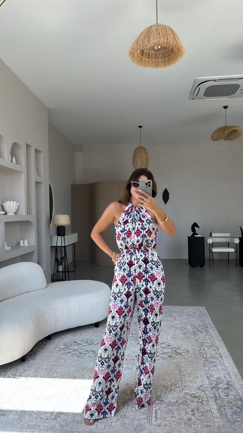 Etnik Desenli Halter Yaka Tulum