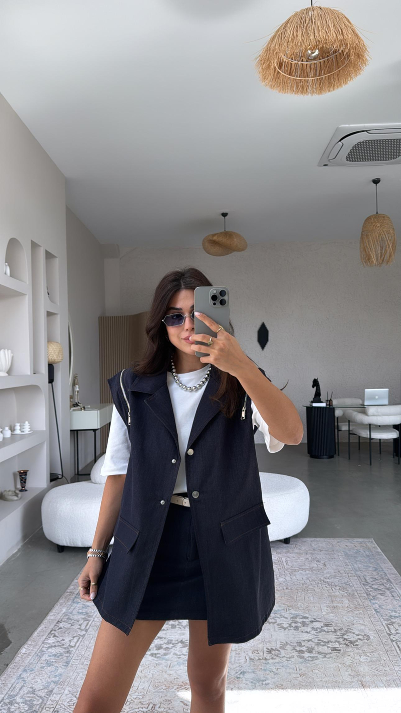 Fermuar Detaylı Tasarım Denim Yelek