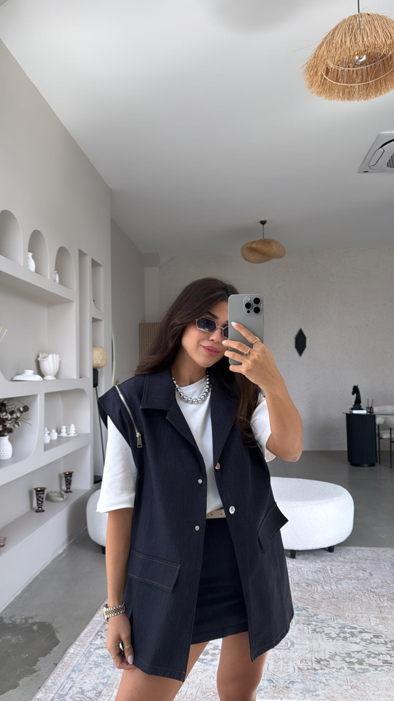 Fermuar Detaylı Tasarım Denim Yelek