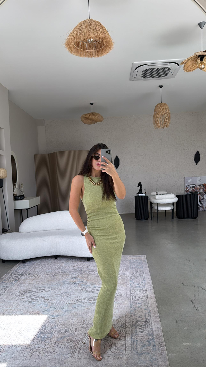 Fıstık Bürümcük ZR Model Büzgü Detay Elbise