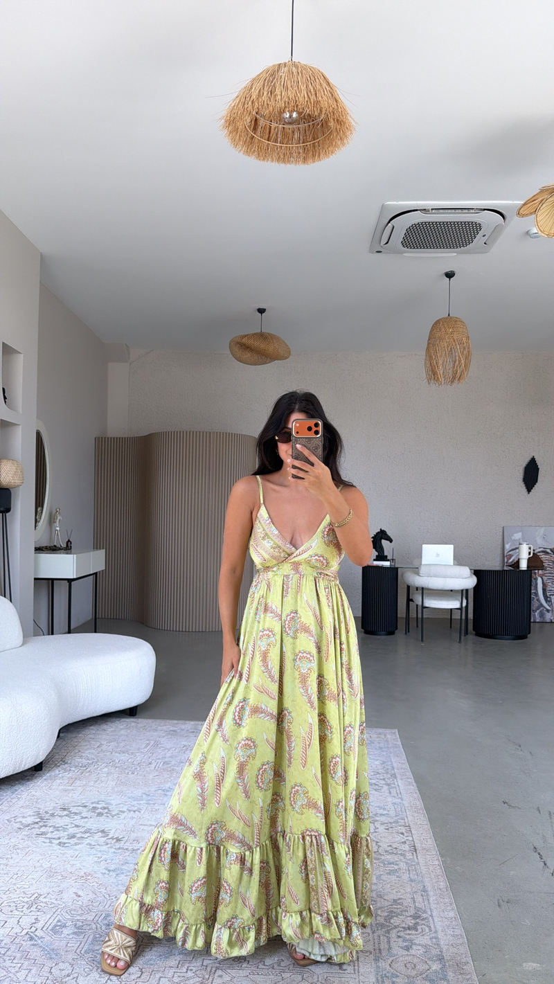 Fıstık Yeşili Desenli Premium Saten Elbise