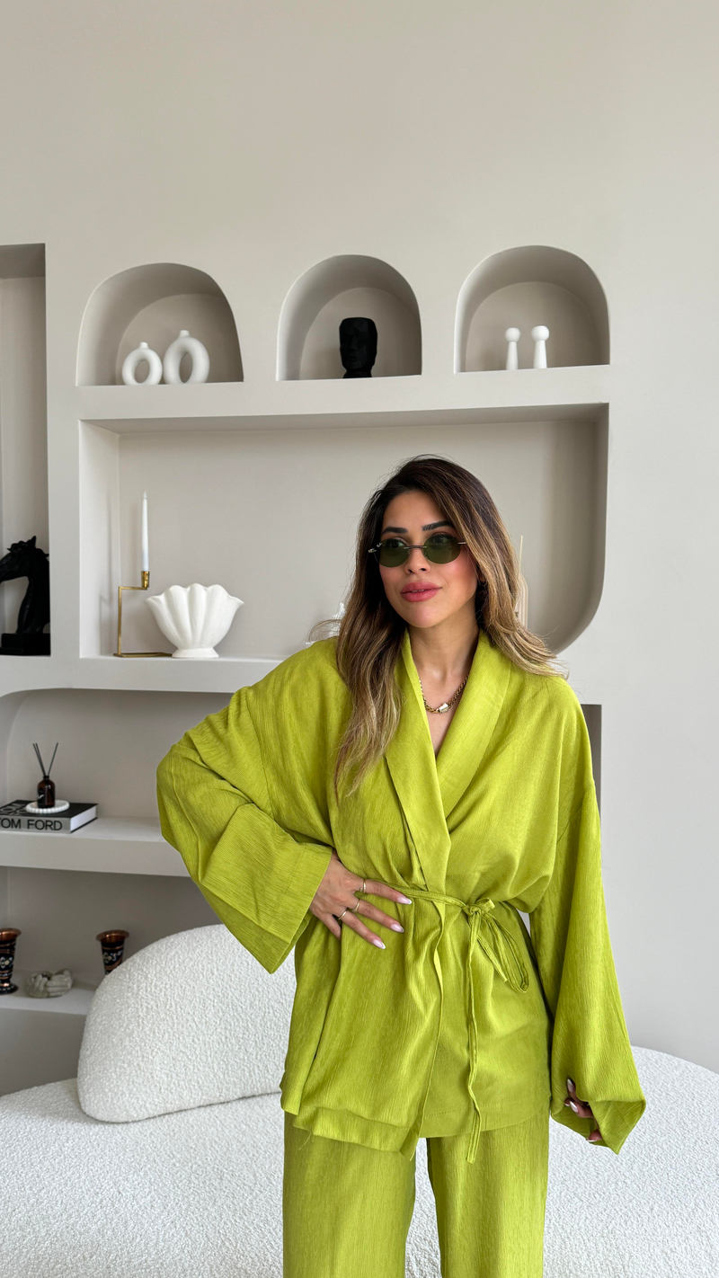 Fıstık Yeşili Şal Yaka Kimono Takım