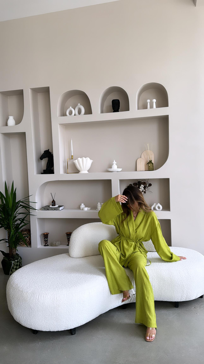 Fıstık Yeşili Şal Yaka Kimono Takım