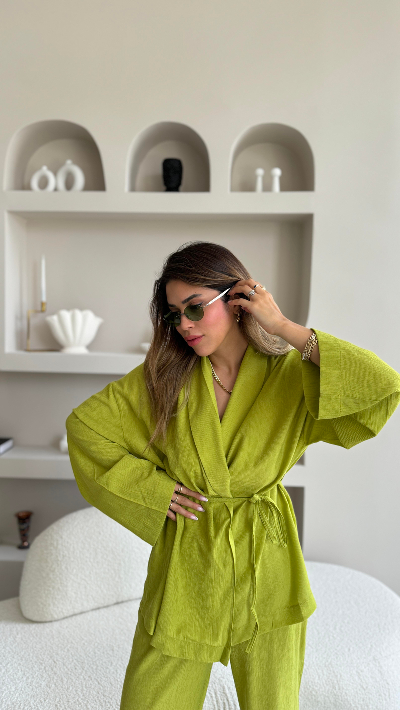 Fıstık Yeşili Şal Yaka Kimono Takım