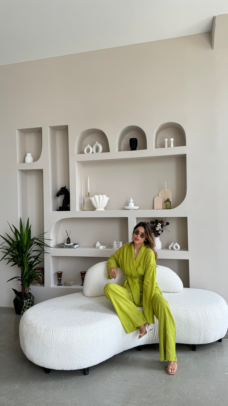 Fıstık Yeşili Şal Yaka Kimono Takım