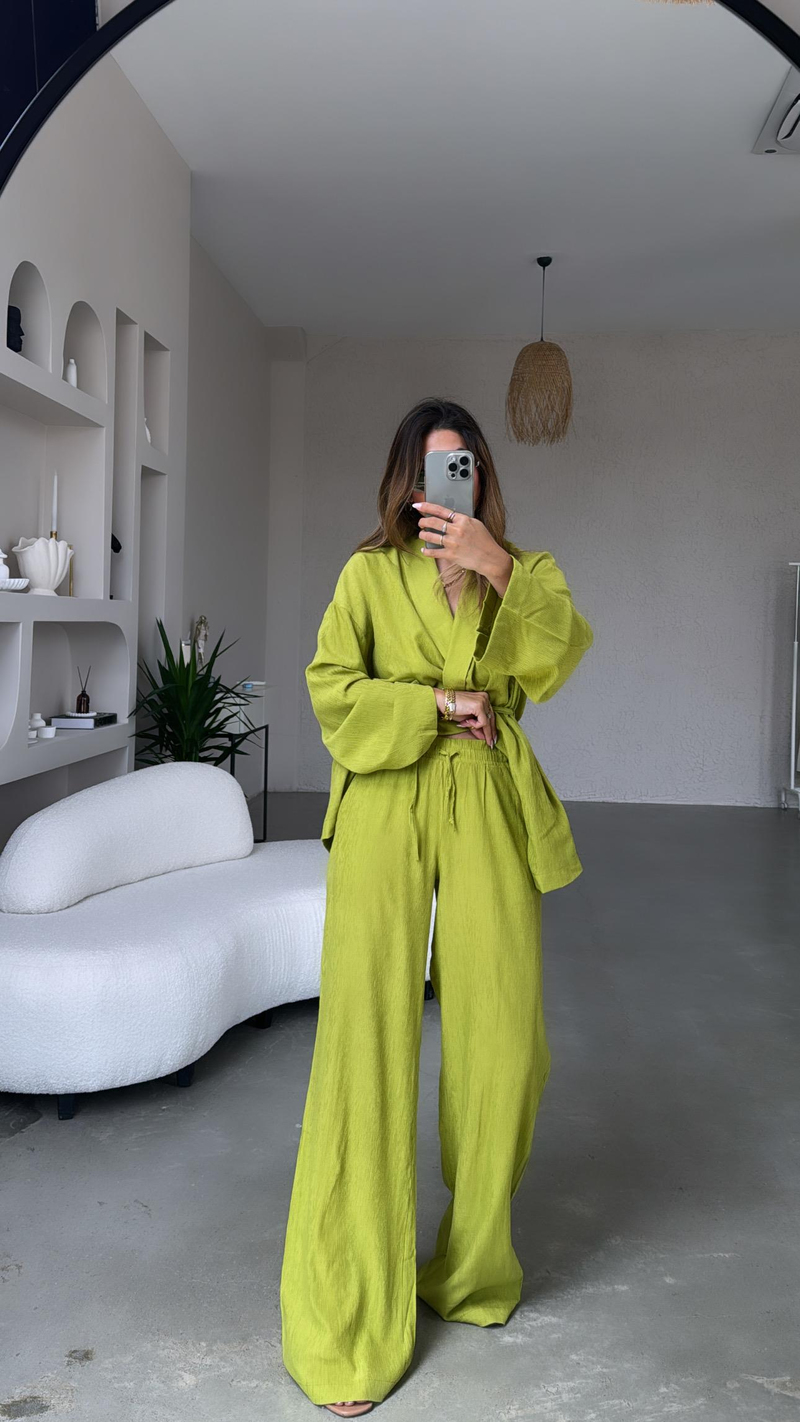 Fıstık Yeşili Şal Yaka Kimono Takım