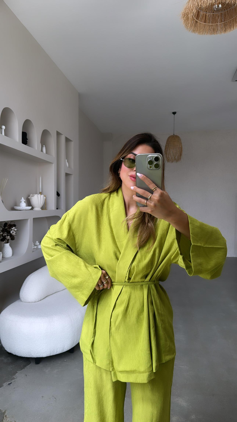 Fıstık Yeşili Şal Yaka Kimono Takım