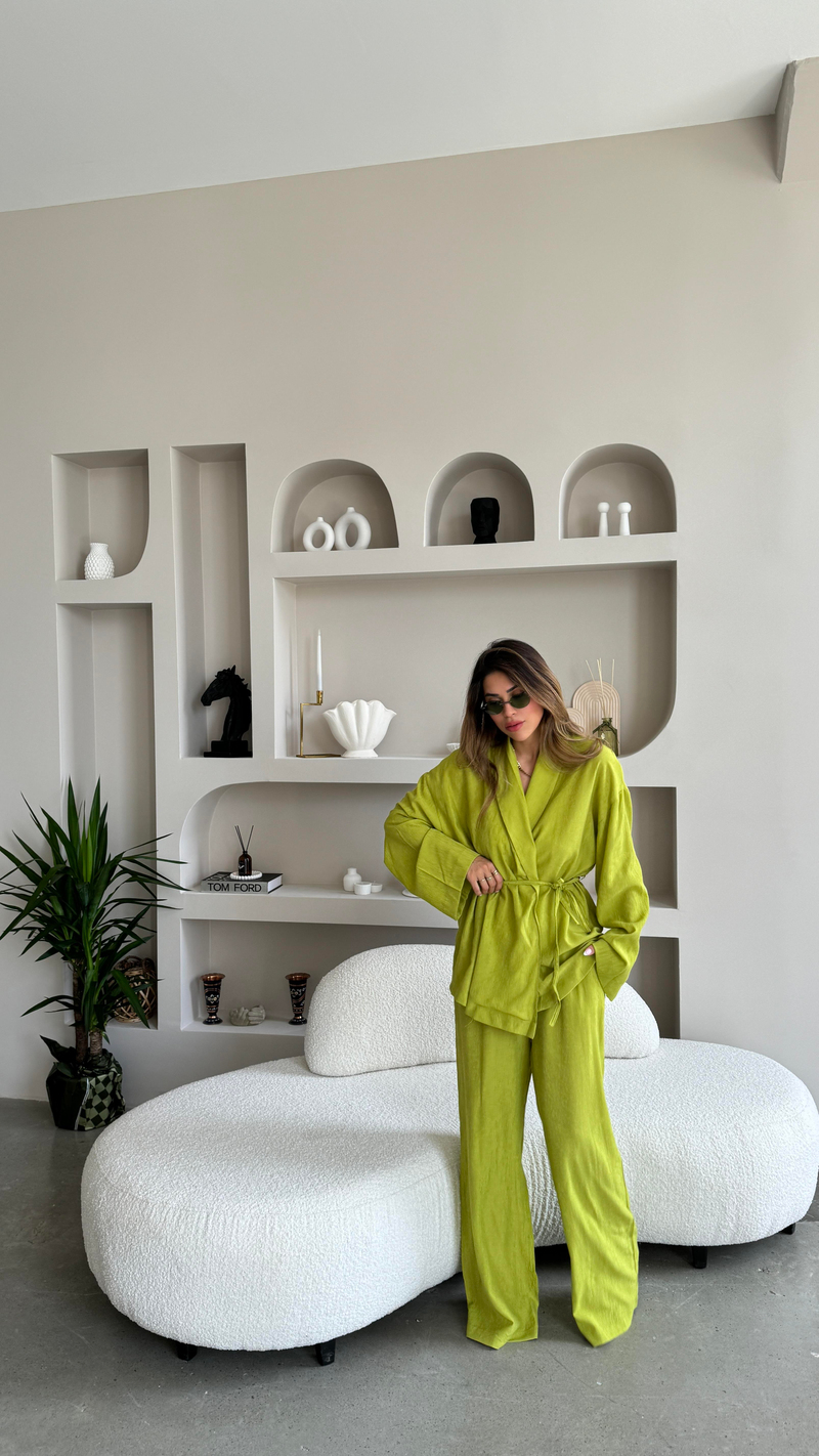 Fıstık Yeşili Şal Yaka Kimono Takım