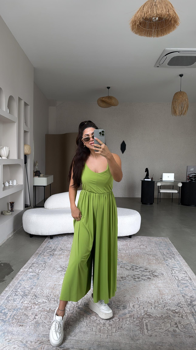 Fıstık Yeşili Sırtı Çapraz Askılı Buzzy Tulum