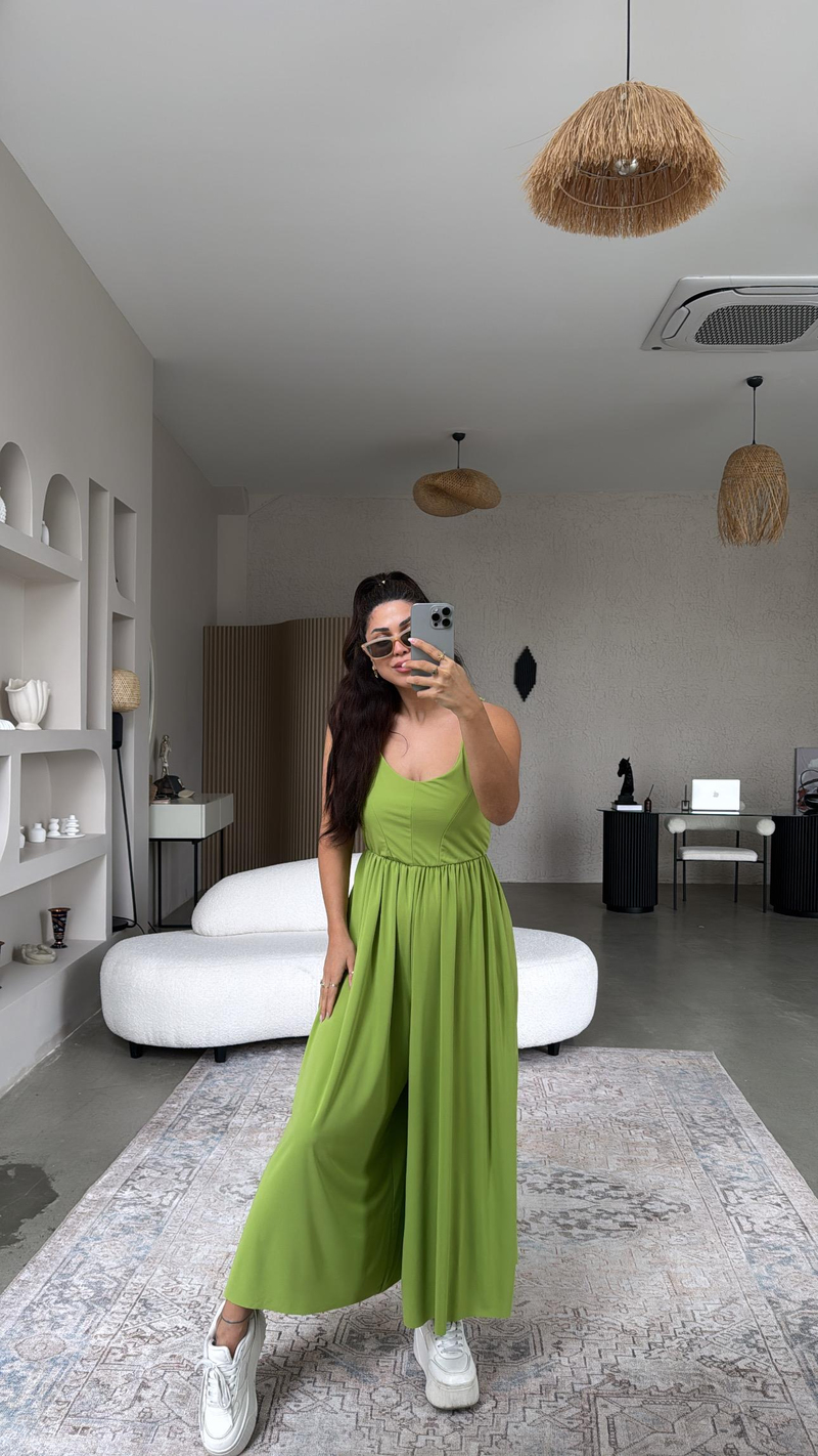 Fıstık Yeşili Sırtı Çapraz Askılı Buzzy Tulum