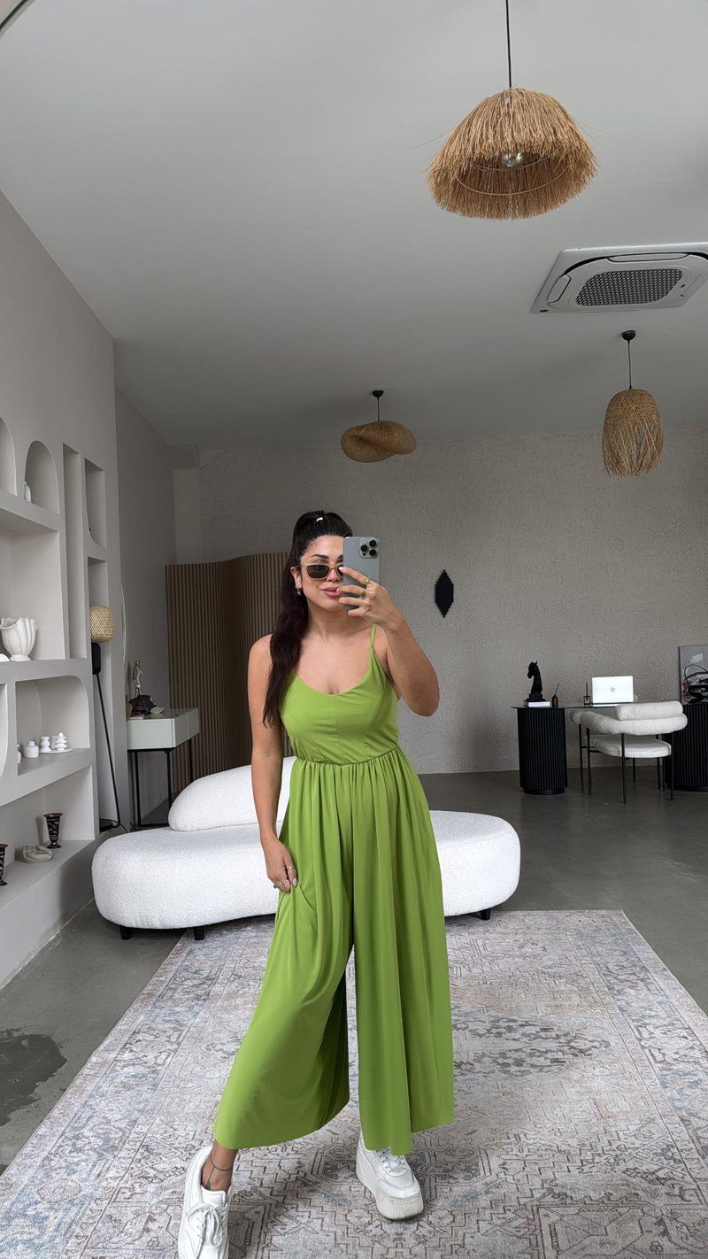Fıstık Yeşili Sırtı Çapraz Askılı Buzzy Tulum