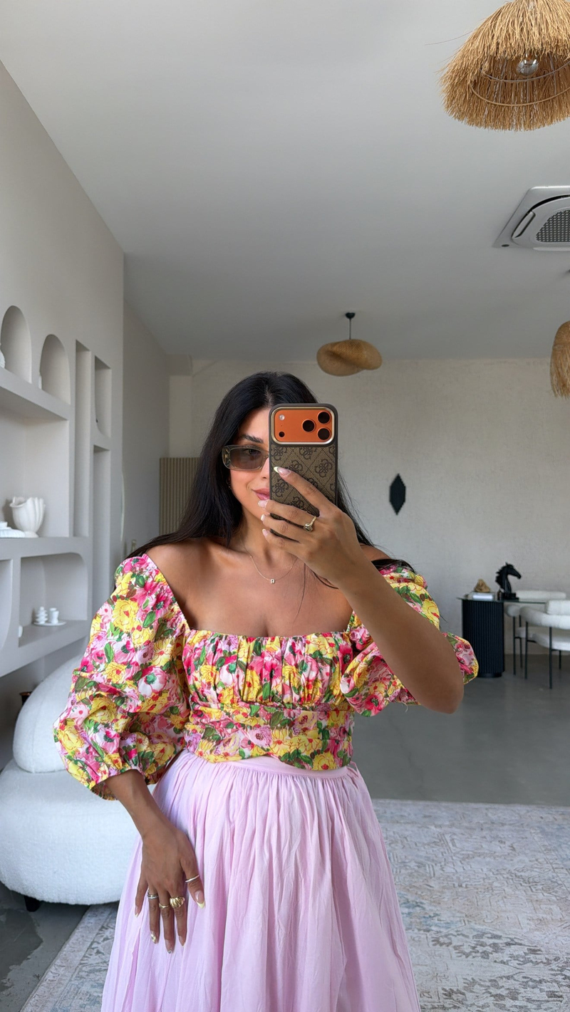 Floral Desenli Gipeli Renkli Bluz