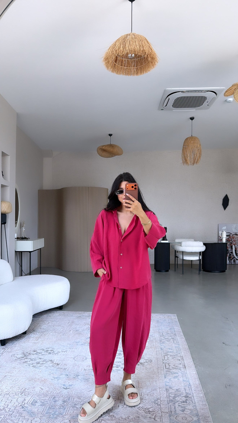 Fuşya Baggy Pantolon Gömlek Tensel Takım