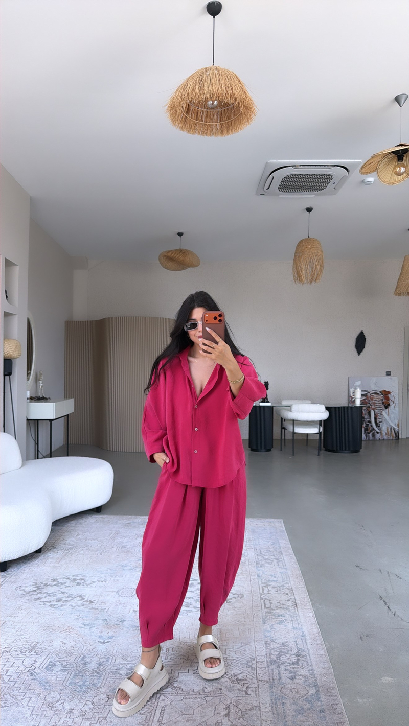 Fuşya Baggy Pantolon Gömlek Tensel Takım