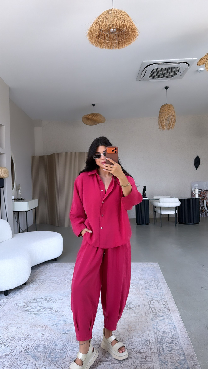 Fuşya Baggy Pantolon Gömlek Tensel Takım