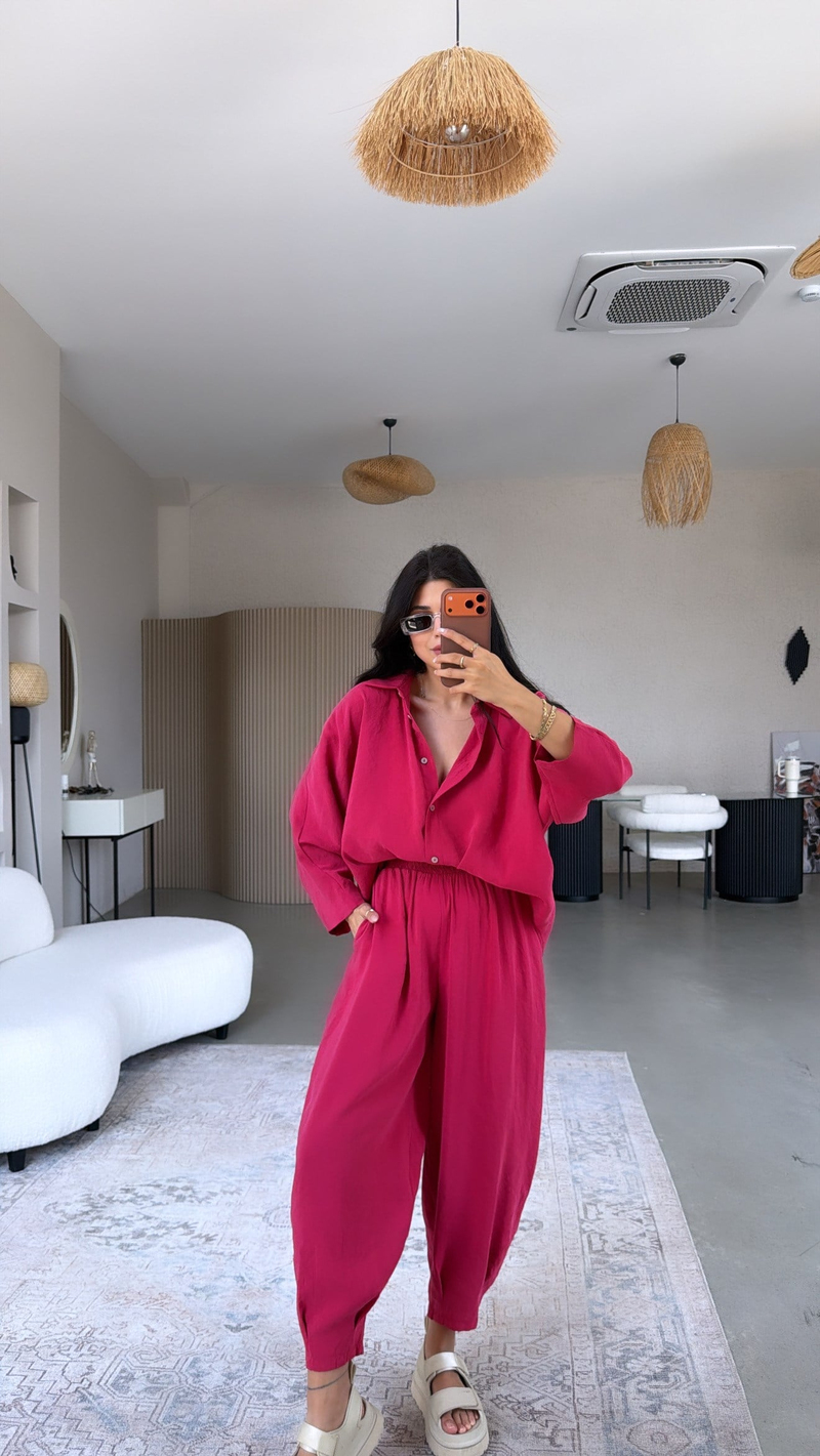 Fuşya Baggy Pantolon Gömlek Tensel Takım