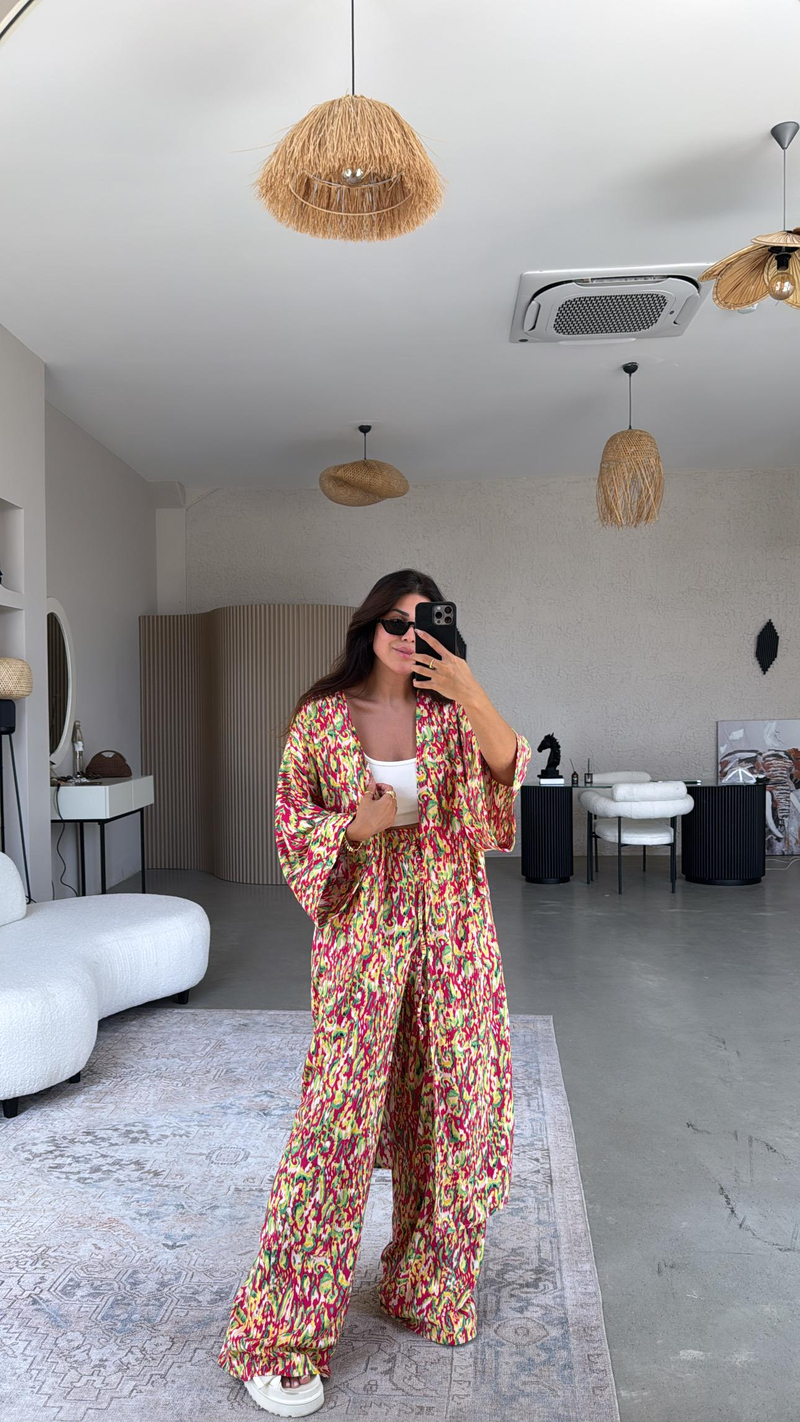 Fuşya Desenli Kimono Pantolon Takım