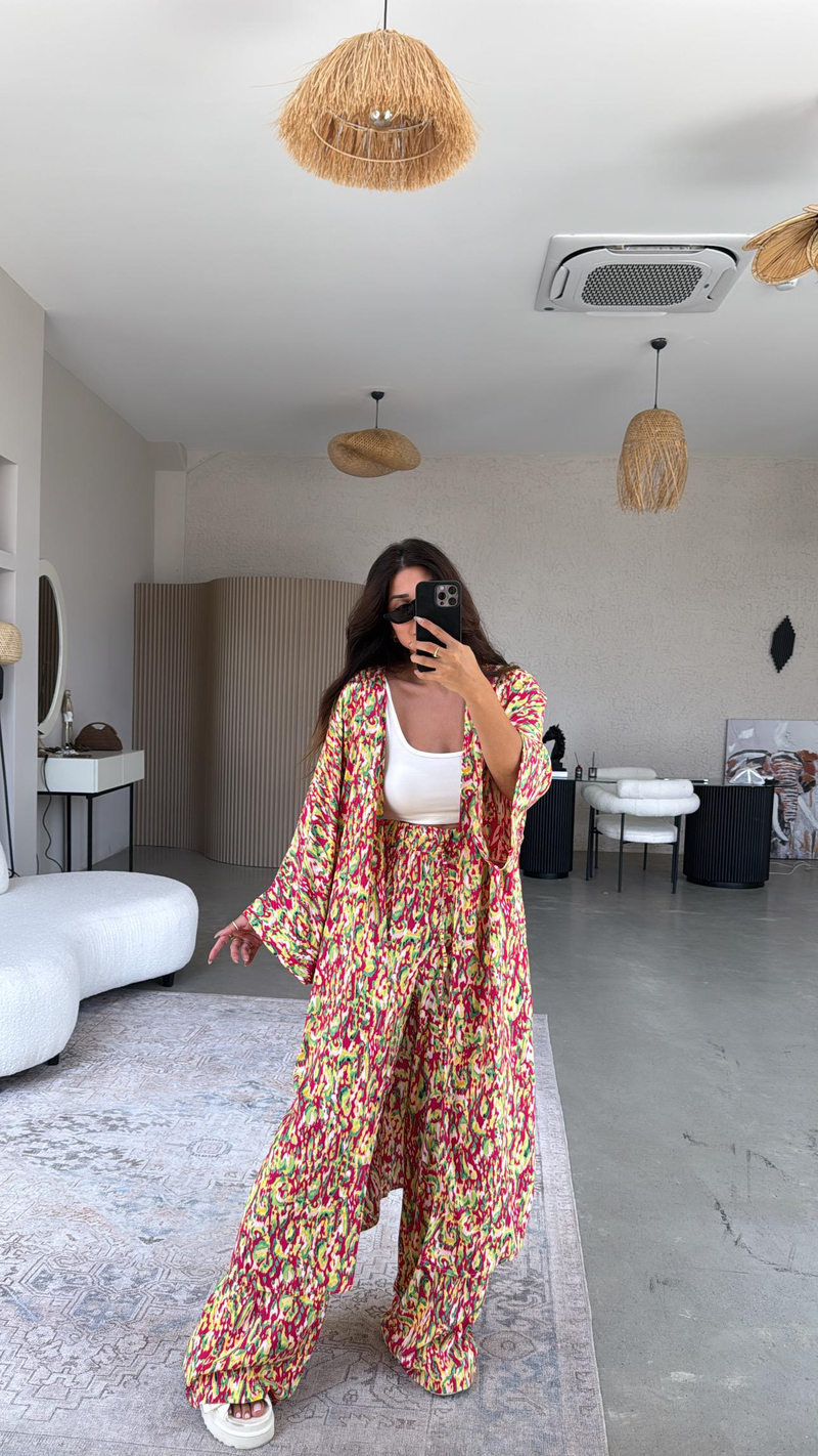Fuşya Desenli Kimono Pantolon Takım