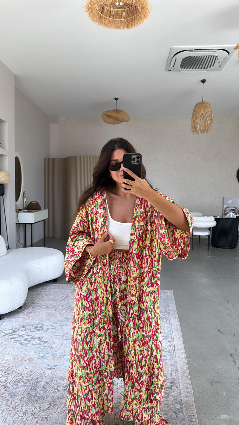 Fuşya Desenli Kimono Pantolon Takım