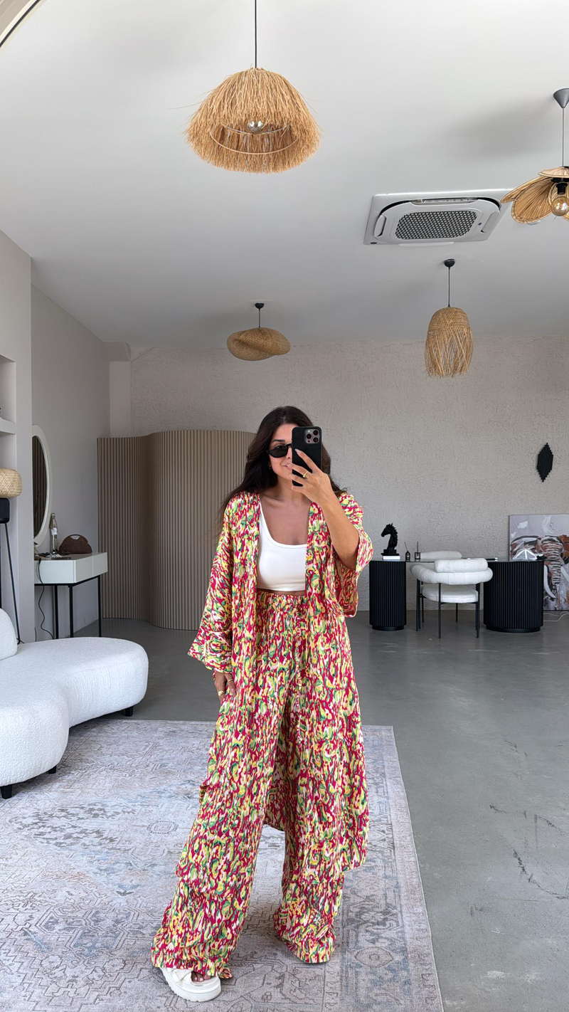 Fuşya Desenli Kimono Pantolon Takım