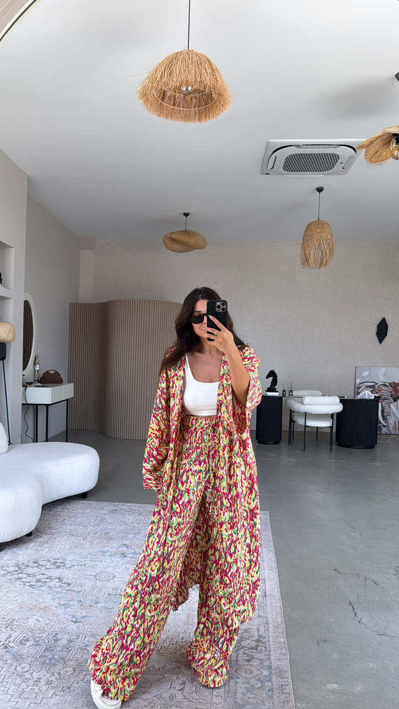 Fuşya Desenli Kimono Pantolon Takım