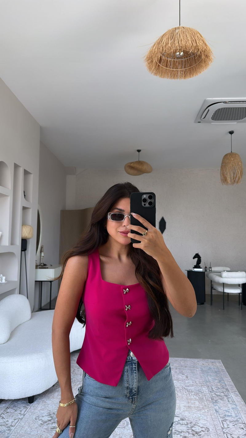 Fuşya Fiyonk Düğmeli Kumaş Yelek