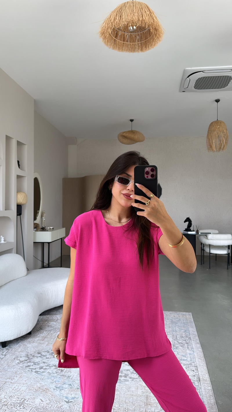 Fuşya Paça Pensli Pantolon Bluz Takım