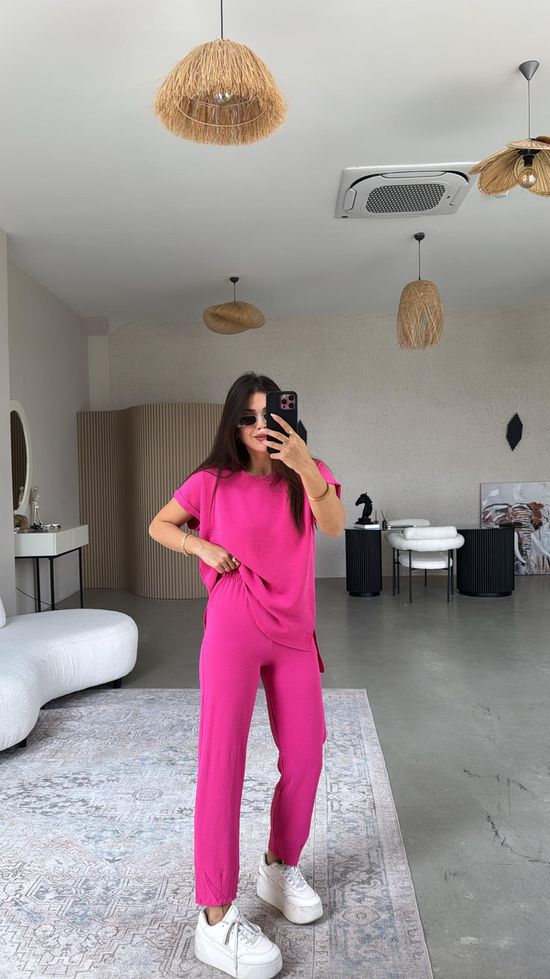 Fuşya Paça Pensli Pantolon Bluz Takım