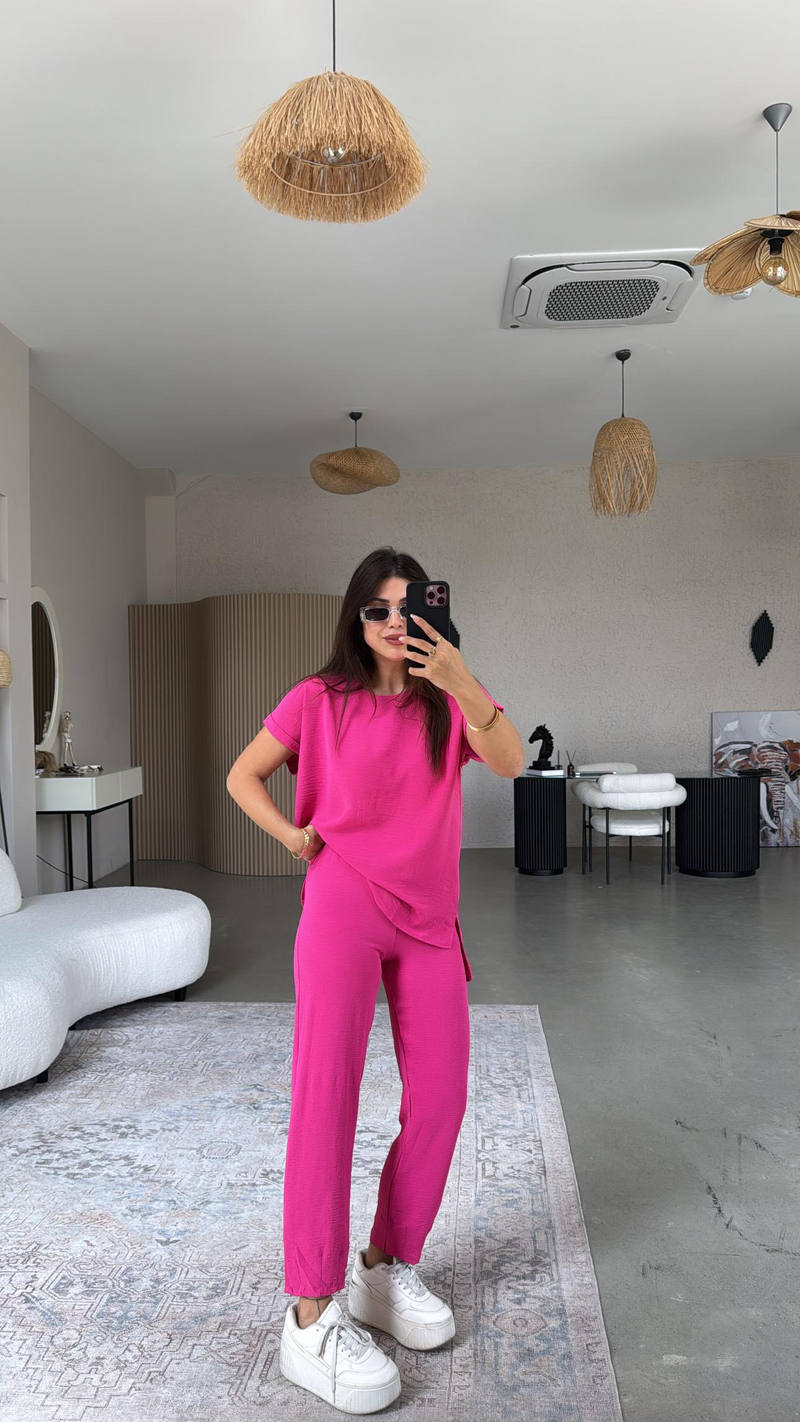 Fuşya Paça Pensli Pantolon Bluz Takım