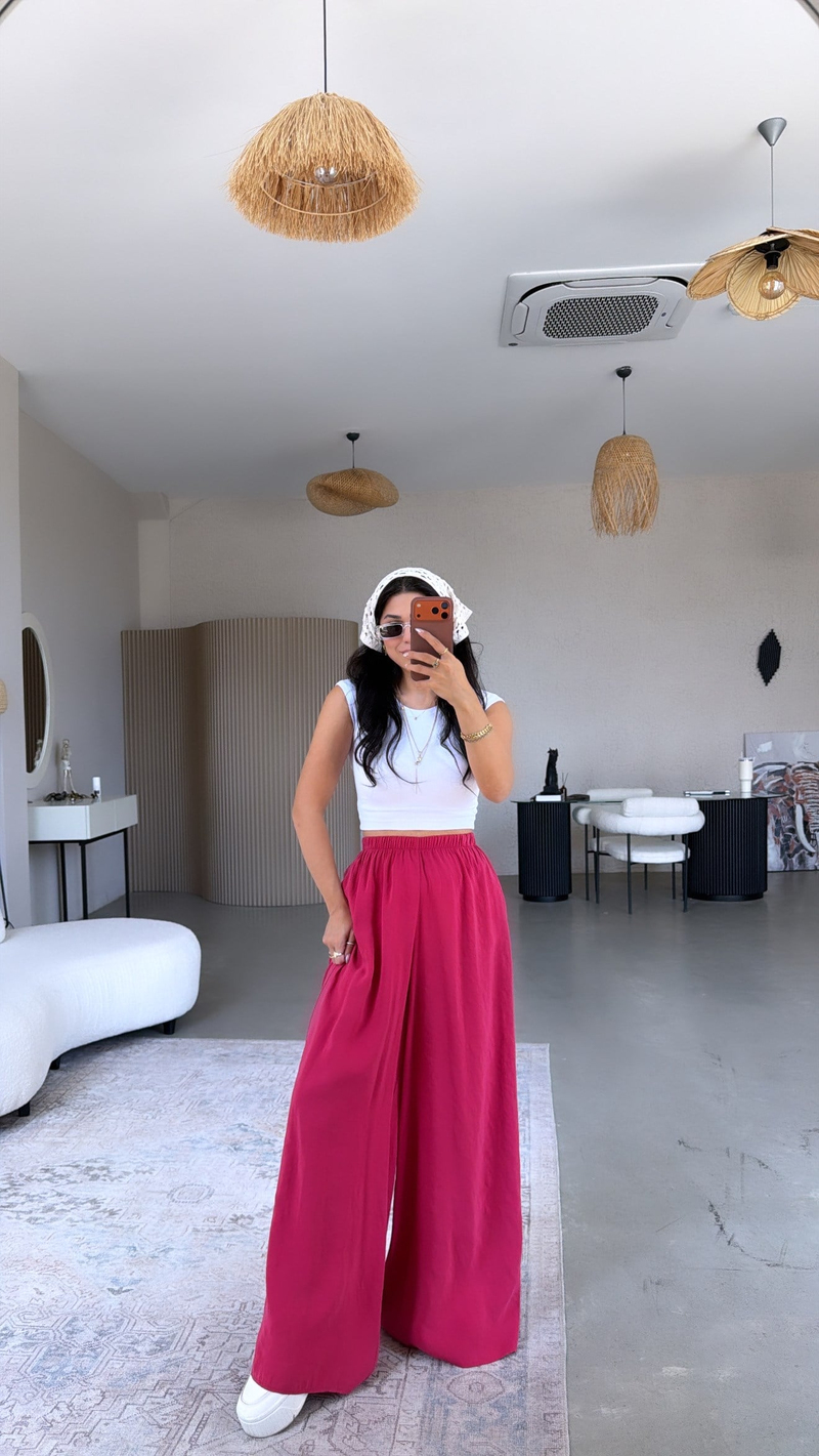 Fuşya Ultra Wide Leg Tensel Pantolon