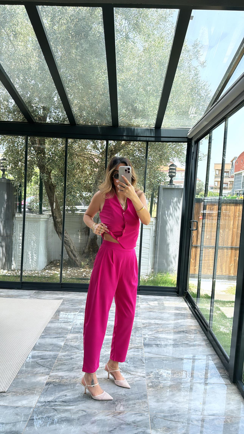 Fuşya Yelek Pantolon Kumaş Takım