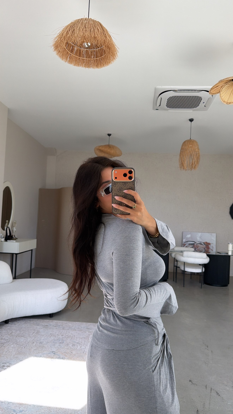 Gri Bağcıklı Pamuklu Bol Paça Rahat Takım