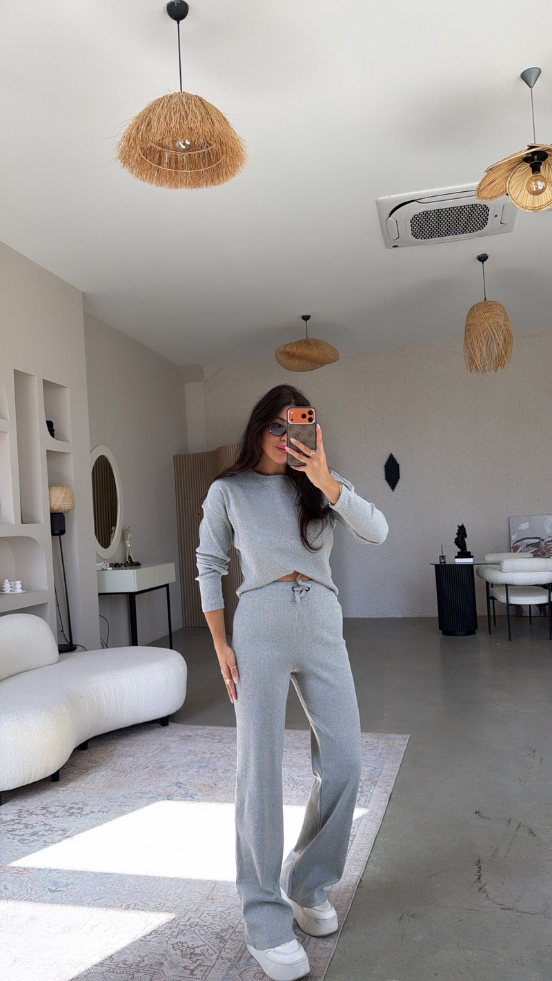 Gri Bisiklet Yaka Fitilli Alt Üst Takım