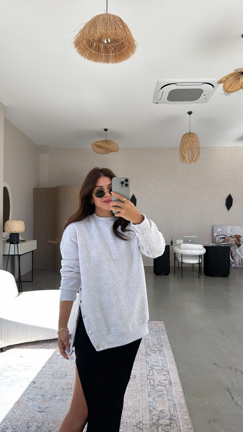 Gri Çıtçıt Detaylı Sweatshirt